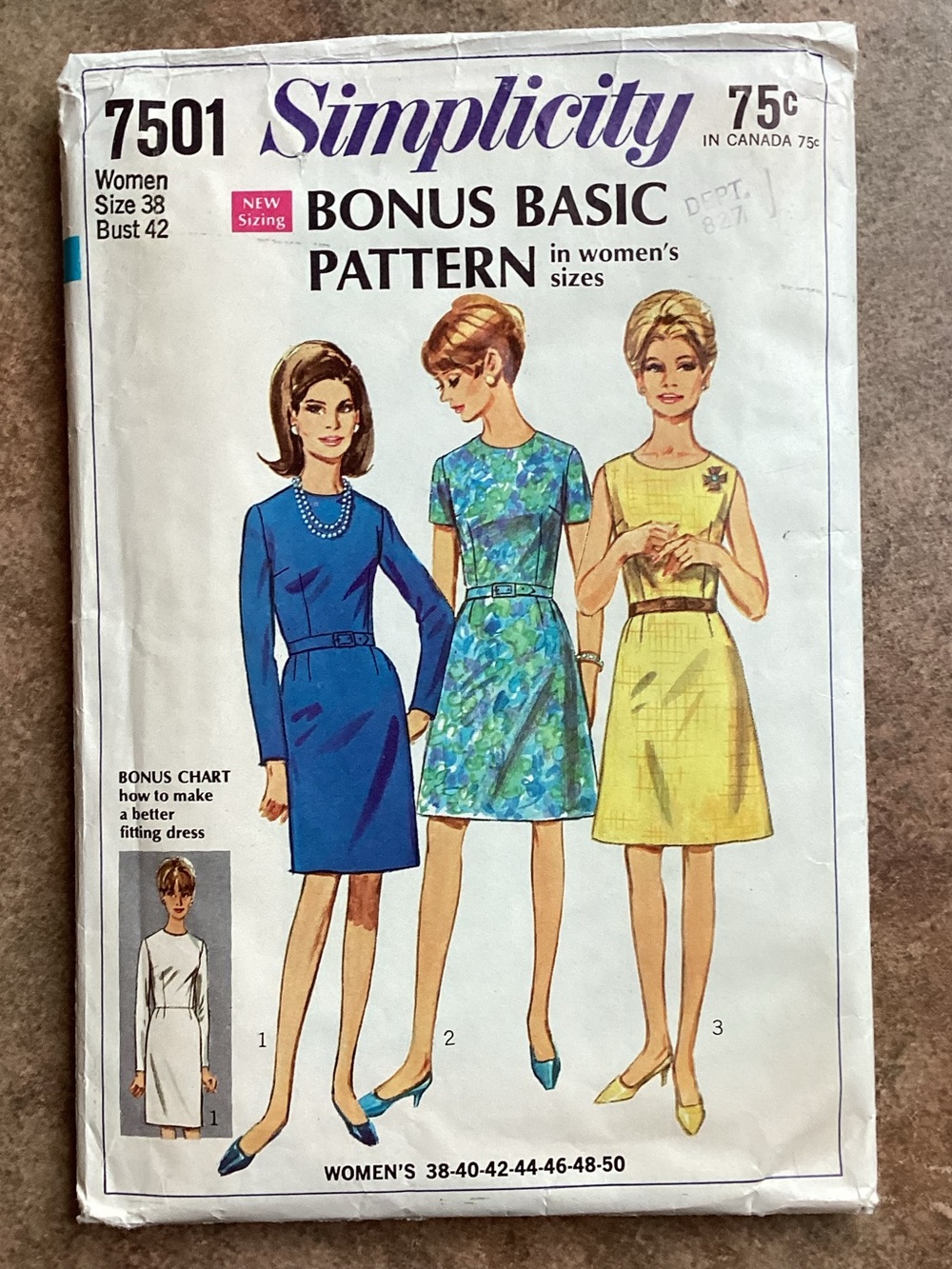 Vintage 1967 Simplicity 7501 Sewing Pattern Women's Basic Dresses, 60s